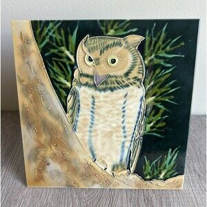 Vintage Owl Ceramic Painted Tile Trivet Hang on Wall Or Stand For Display